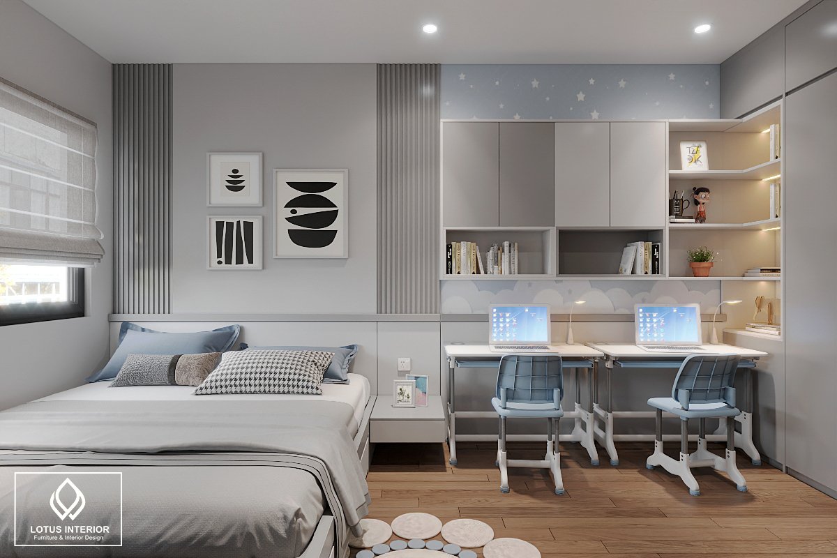 Phòng ngủ kết hợp góc học tập cho con